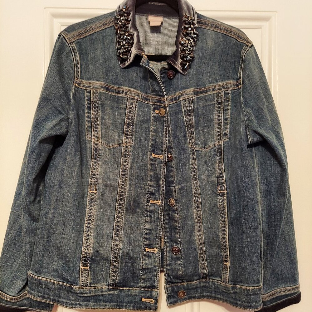 Chico's Blue Denim Jacket w/ Blue Velvet & Beaded Collar size 2 (12/14)